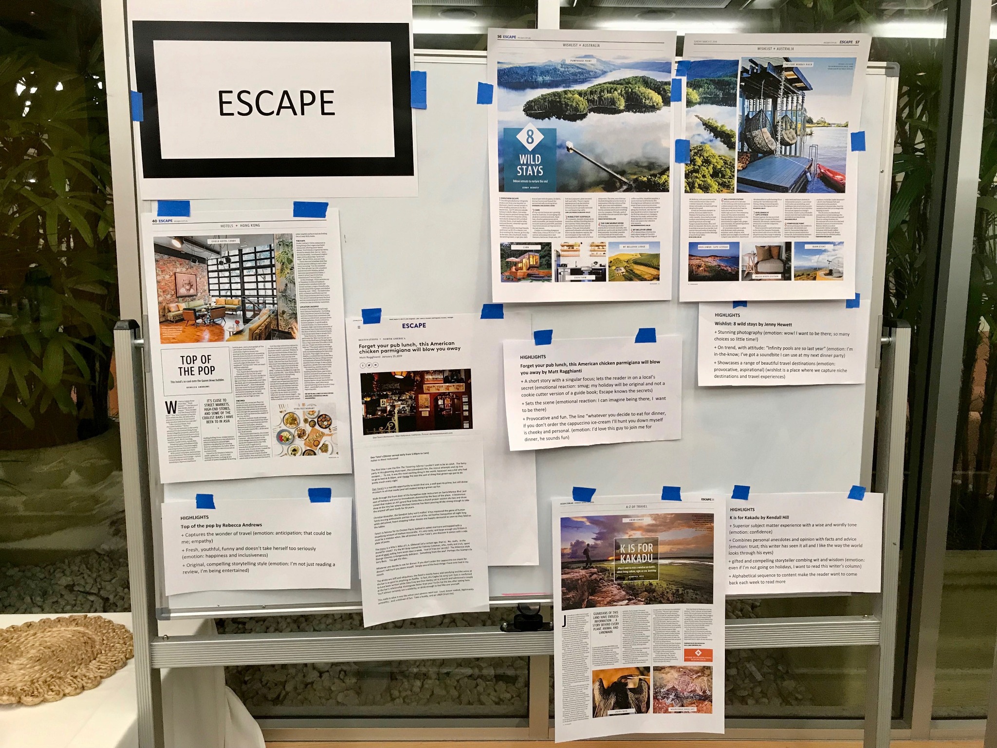 Escape category board showing real editorial content and participant observations