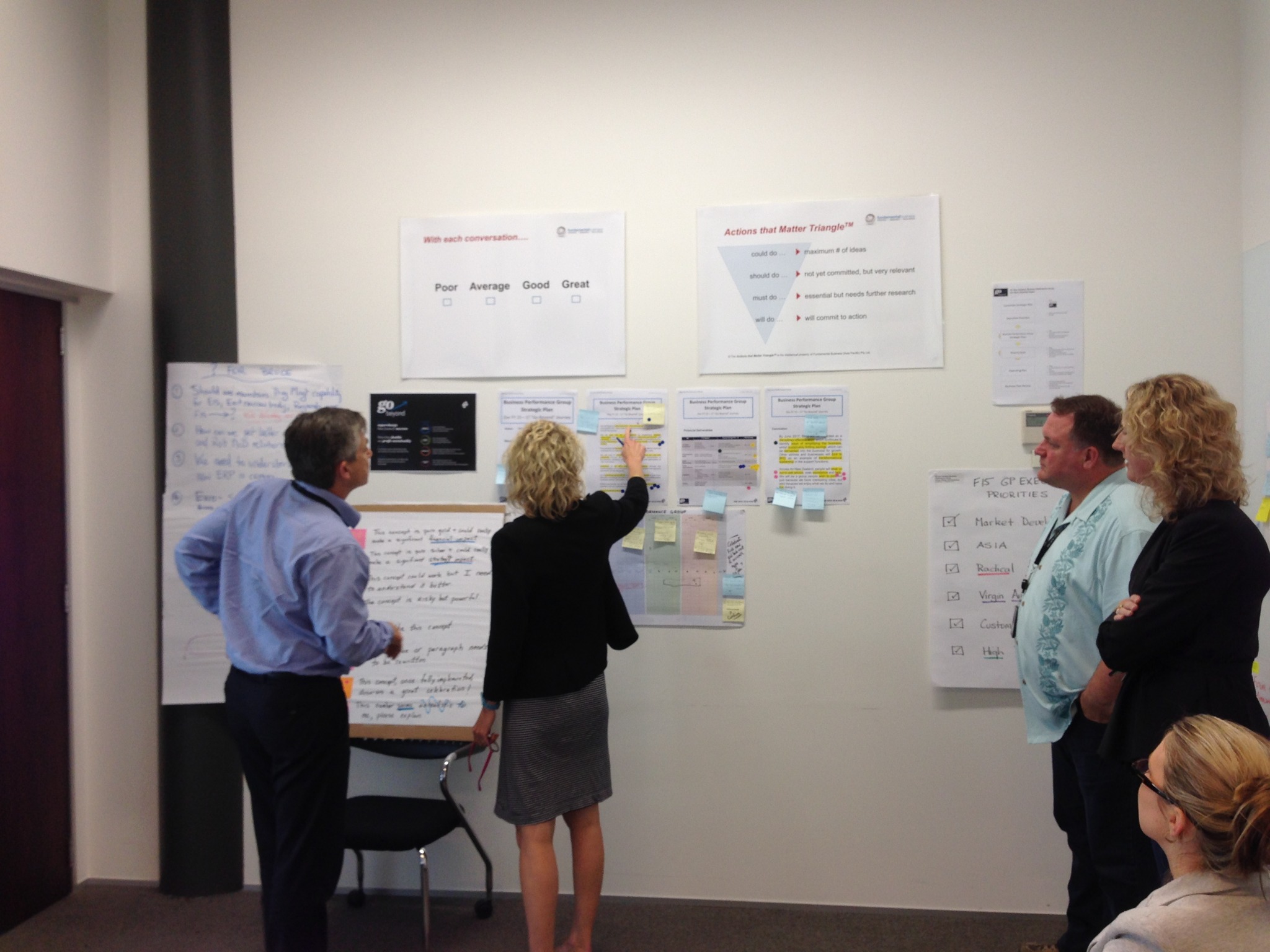 Participants discussing priorities and actions beside visible workshop materials