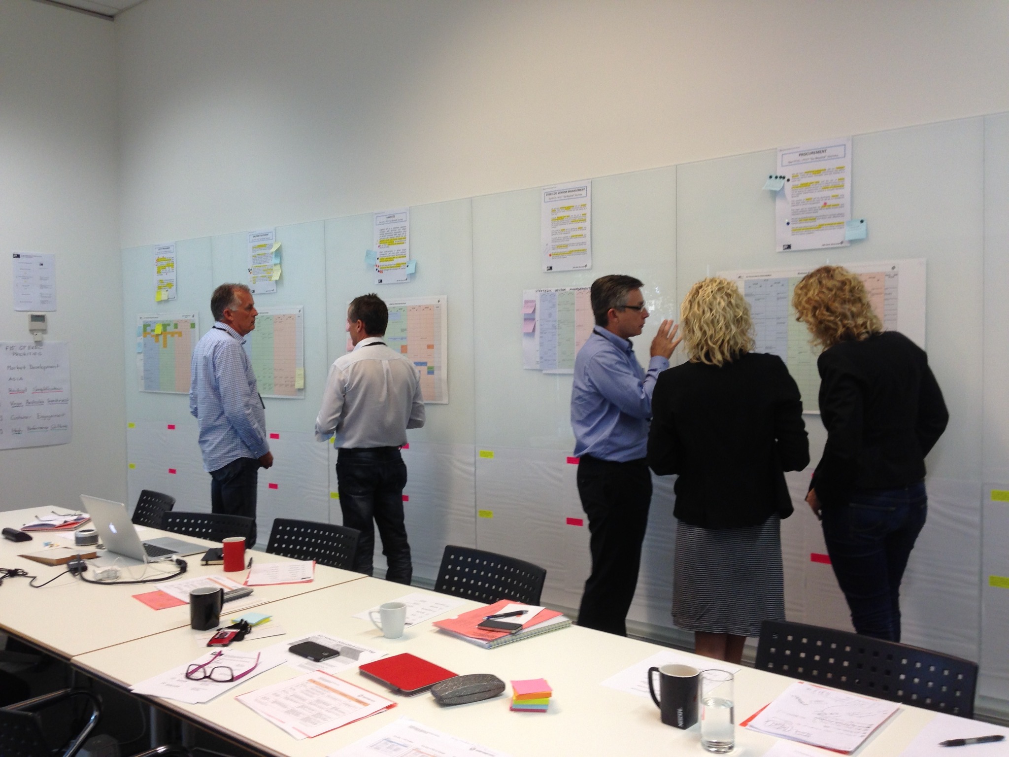 Small groups of leaders working through enterprise material along a workshop wall